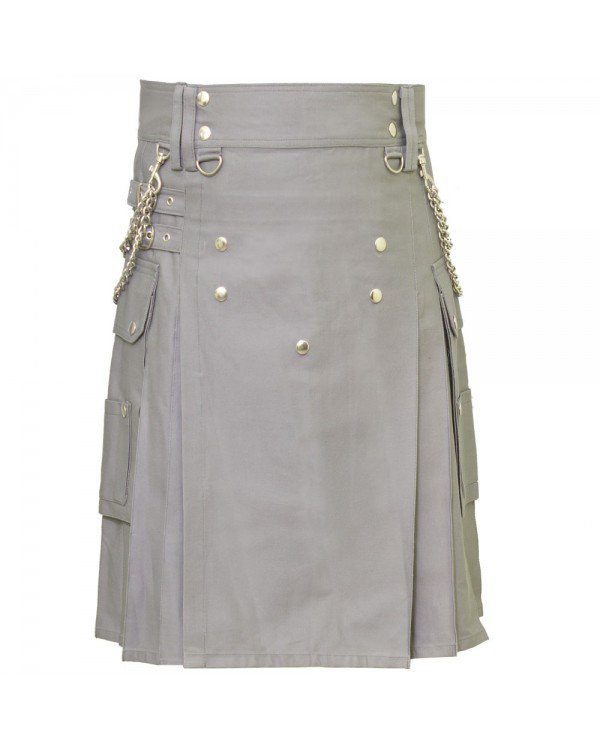 Handmade Gothic Style Grey Utility Cotton Kilt With Silver Chrome Chains 30 Size