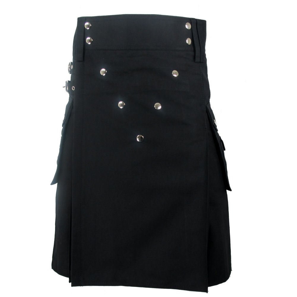 44 Size New Taichi Men's Deluxe Black Heavy 100% Cotton Utility Kilt Chrome Studs