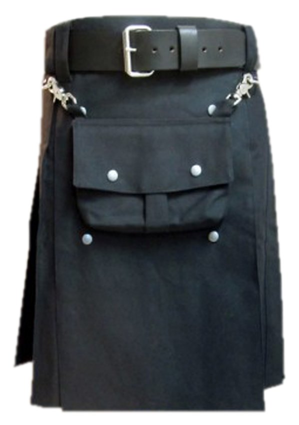 30 Waist Black Cotton Utility Kilt, Front Cotton Sporran Tactical Duty Kilt