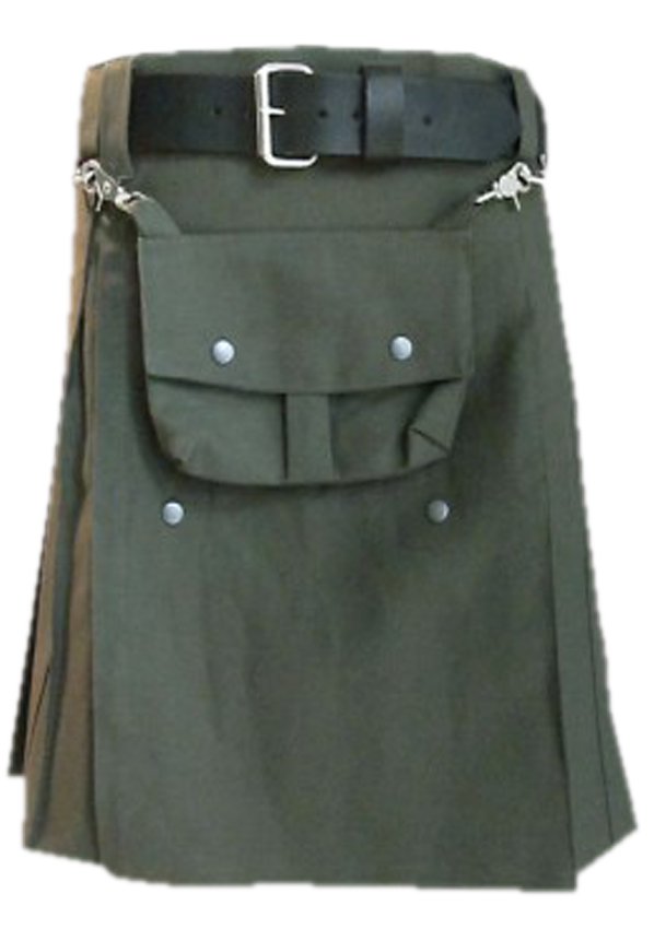 Olive Green Cotton Utility Kilt, 32 Size Front Cotton Sporran Tactical Duty Utility Kilt