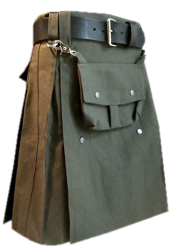 Olive Green Cotton Utility Kilt, 58 Size Front Cotton Sporran Tactical Duty Utility Kilt