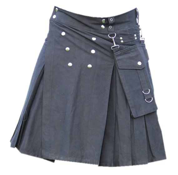 34 Size Men,s Scottish Highlander Black Gothic style Cotton Utility Kilt, Front Studs Cotton Kilt