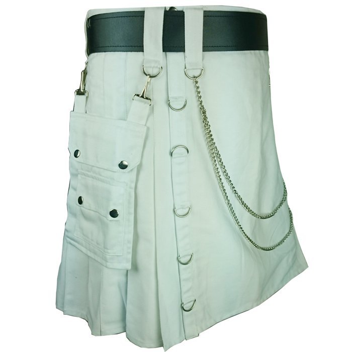 Olive Green Men's Handmade 38 Size Utility Cotton kilt With Chrome Chains