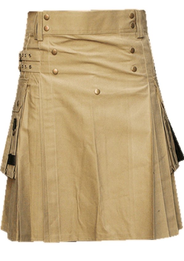 58 Waist Men's Handmade Khaki Front Brass Buttons Kilt, Cargo Pockets Men Khaki Utility Kilt