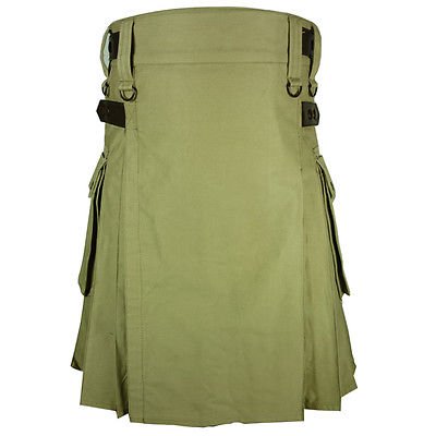New Handmade Khaki Cotton Utility Kilt 40 Size Tactical Duty Kilt With Leather Straps