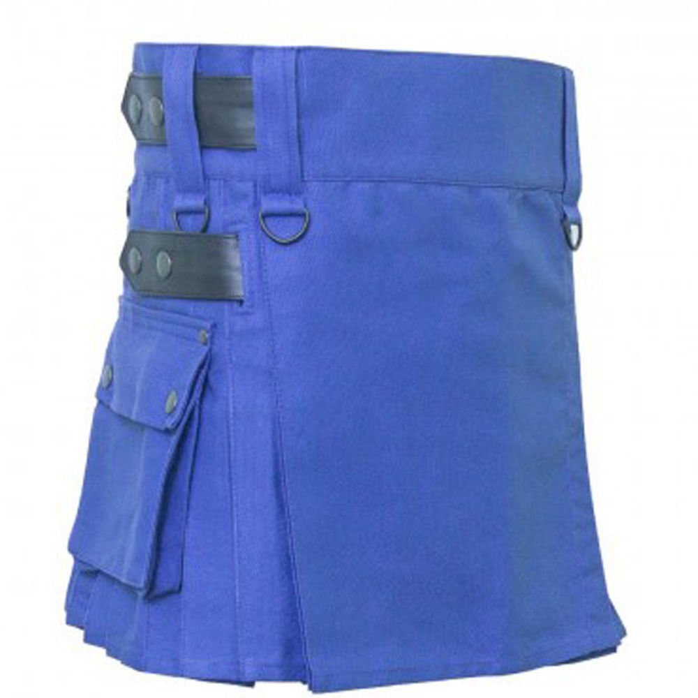 42 Size Scottish Tactical Deluxe Ladies Blue Cotton Kilt Skirt Style Cargo Pockets