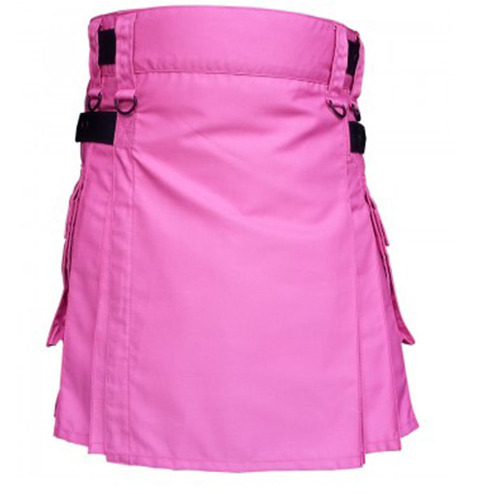 Waist 32 Scottish Tactical Deluxe Ladies Pink Cotton Kilt Skirt Style Cargo Pockets