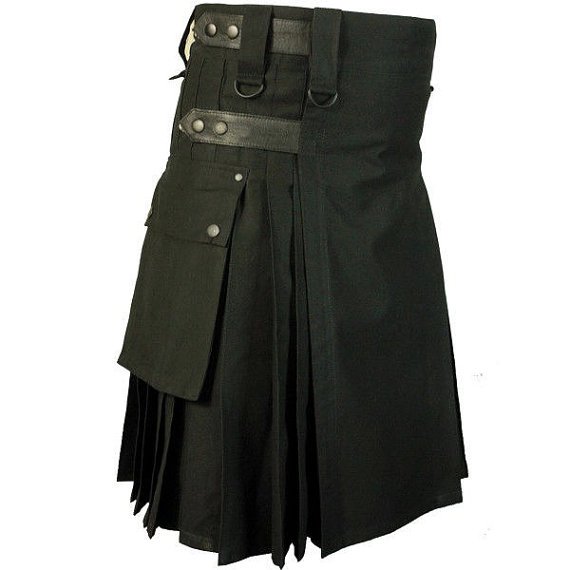 48 Size Tactical Duty Black Leather Straps Kilt, Handmade Black Cotton Utility Kilt