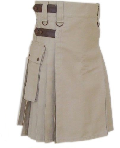 36 Waist Taichi Khaki Kilt With Size adjusting Leather Straps & Side Cargo Pockets