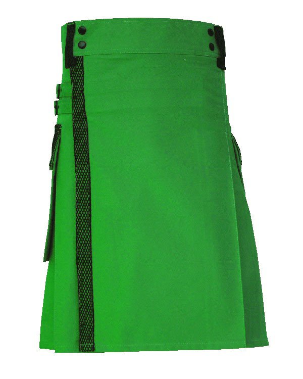42 size Taichi Green Net Pocket Kilt for Active Men, Handmade Green Utility Deluxe Kilt