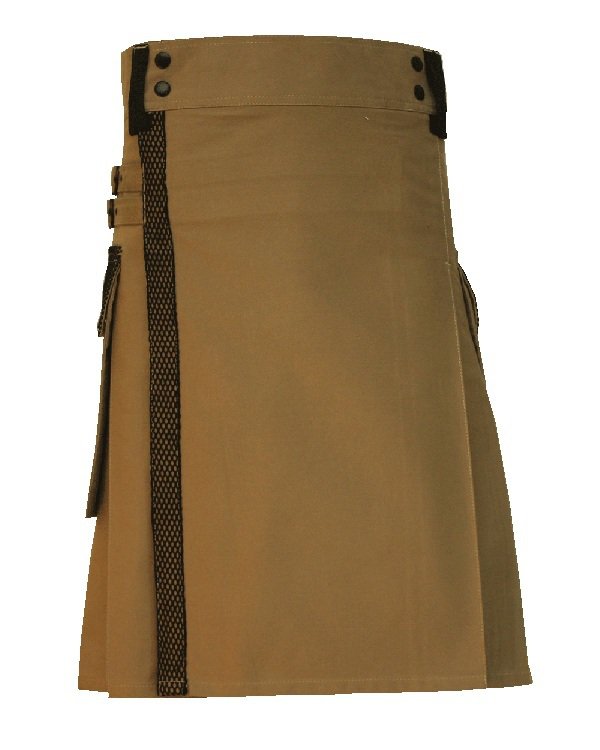 Taichi Khaki Net Pocket Kilt for Active Men, 58 Waist Handmade khaki Cotton Utility Deluxe Kilt