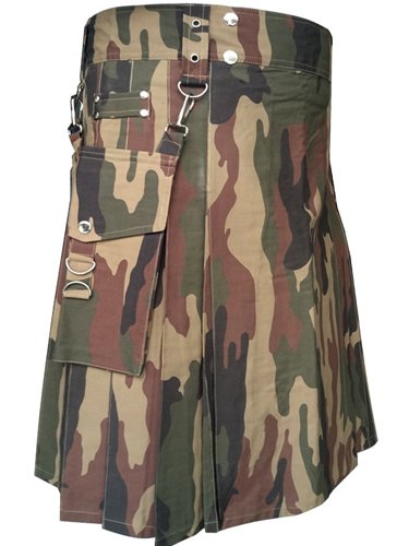 30" Men's TDK Handmade Detachable Pockets Camo Kilt, Camo Cotton Heavy Duty Utility Kilt for Men