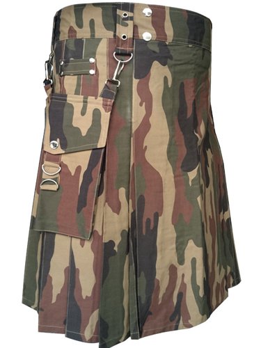 42" Men's TDK Handmade Detachable Pockets Camo Kilt, Camo Cotton Heavy Duty Utility Kilt for Men