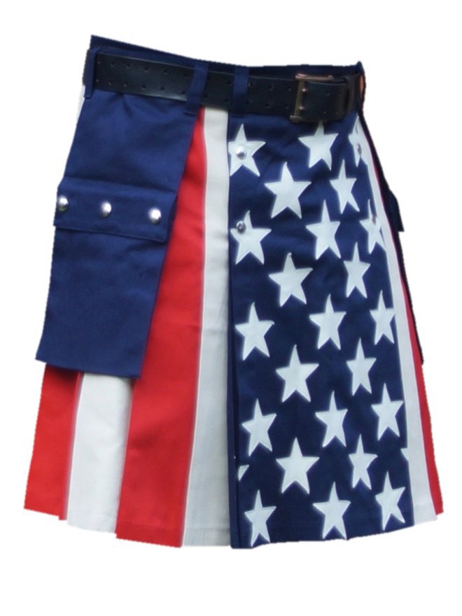 56" Waist American Flag Hybrid Utility Kilt With Cargo Pockets USA Kilt with Custom Stars