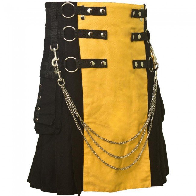 36" Waist Men's Modern Black & Yellow Cotton Hybrid Kilt, Black & Yellow Hybrid Cotton Utility Kilt