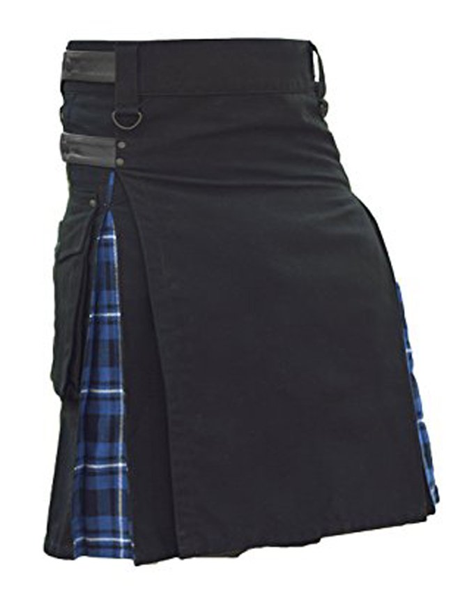58" Waist Modern Black Cotton & Tartan Hybrid Kilt, Black & Blue Hybrid Cotton Utility Kilt