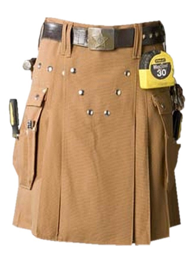 58 Size Brown Utility Tactical Kilt, Men's Big Cargo Pockets Brown Cotton Kilt, Working Men Kilt