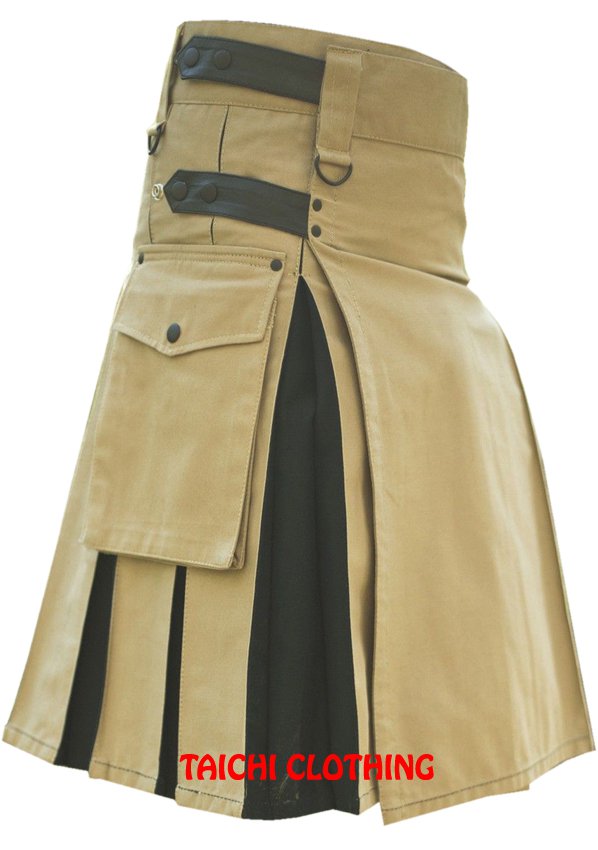 Men's 34" Size Brown & Black Cotton Leather Straps Hybrid Kilt, Brown Leather Straps Utility Kilt