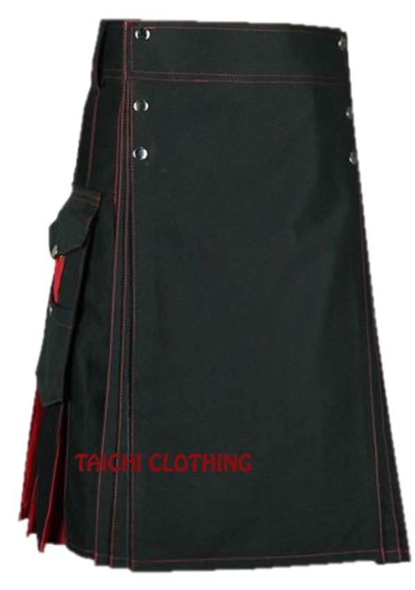 56" Premium Quality Black & Red Cotton Hybrid Kilt, Scottish Highlander Black Cotton Utility Kilt