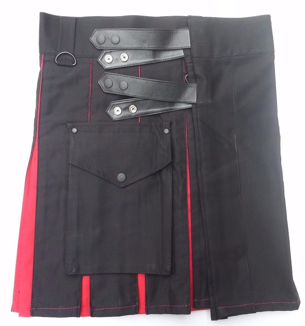 40 Waist TDK Black & Red Cotton Hybrid Kilt, Leather Straps Tactical Duty Kilt Black/Red Cotton