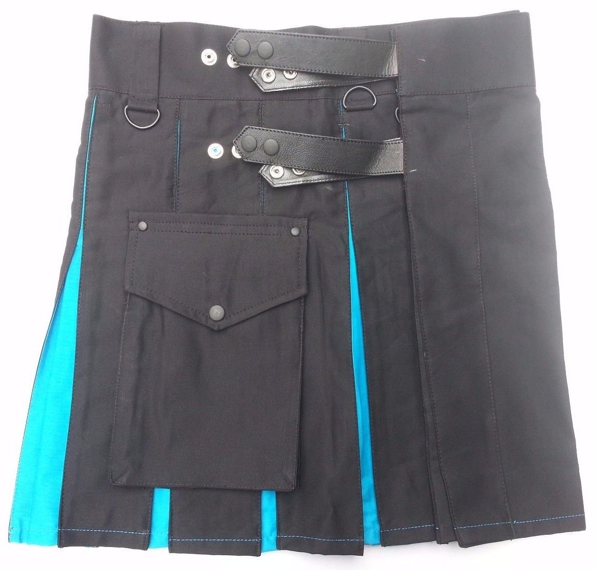 Ladies TDK Black & Blue Cotton Hybrid Kilt, Leather Straps Tactical Duty Kilt Black/Blue Cotton