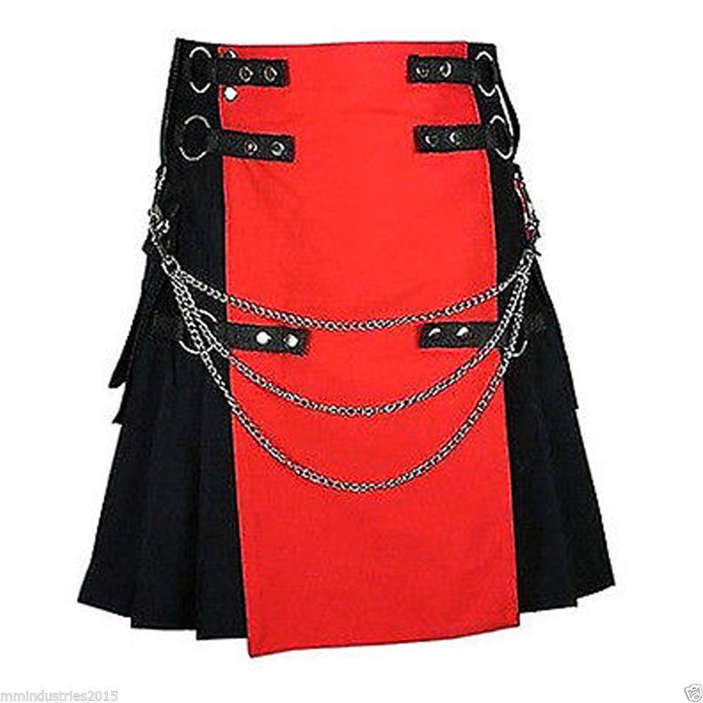 50 Waist Size Black & Red Hybrid Cotton Kilt with Cargo Pockets Chrome Chains Utility Kilt