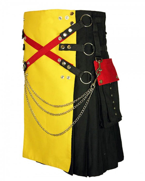 60 Size Black & Yellow Hybrid Cotton Kilt with Cargo Pockets Chrome Chains Utility Kilt