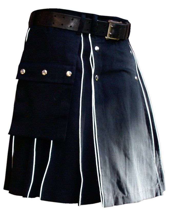 Blue Cotton Modern Pockets Utility Kilt, Men's Handmade 44 Size Highlander white Piping kilt
