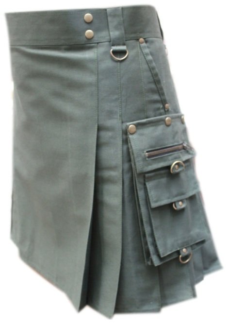 56" Men's Handmade Scottish Olive Green Gothic kilt, Deluxe Gothic Style Utility Cotton Fabric Kilt