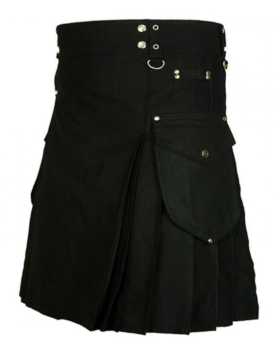 Scottish Imperial Honor Black Utility Kilt, Highlander Deluxe Quality Handmade Black Cotton Kilt