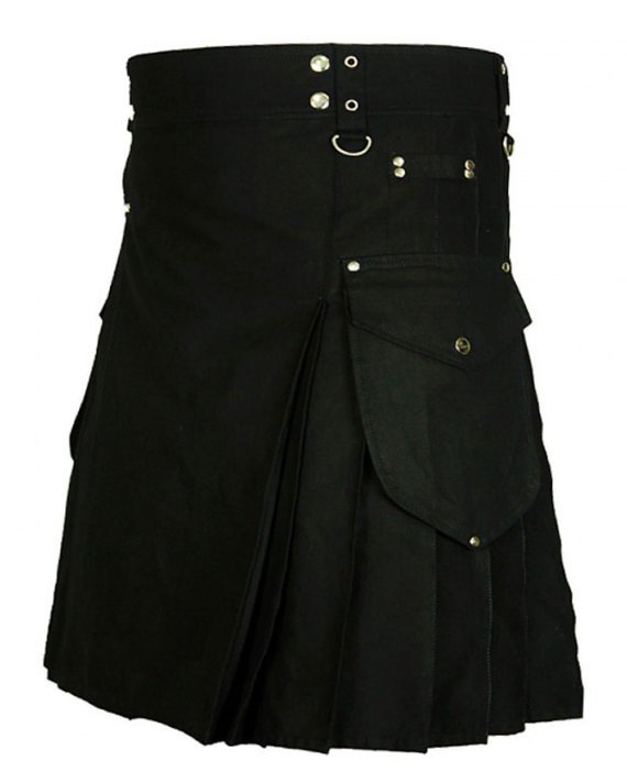 Scottish Imperial 42" Black Utility Kilt, Highlander Deluxe Quality Handmade Black Cotton Kilt