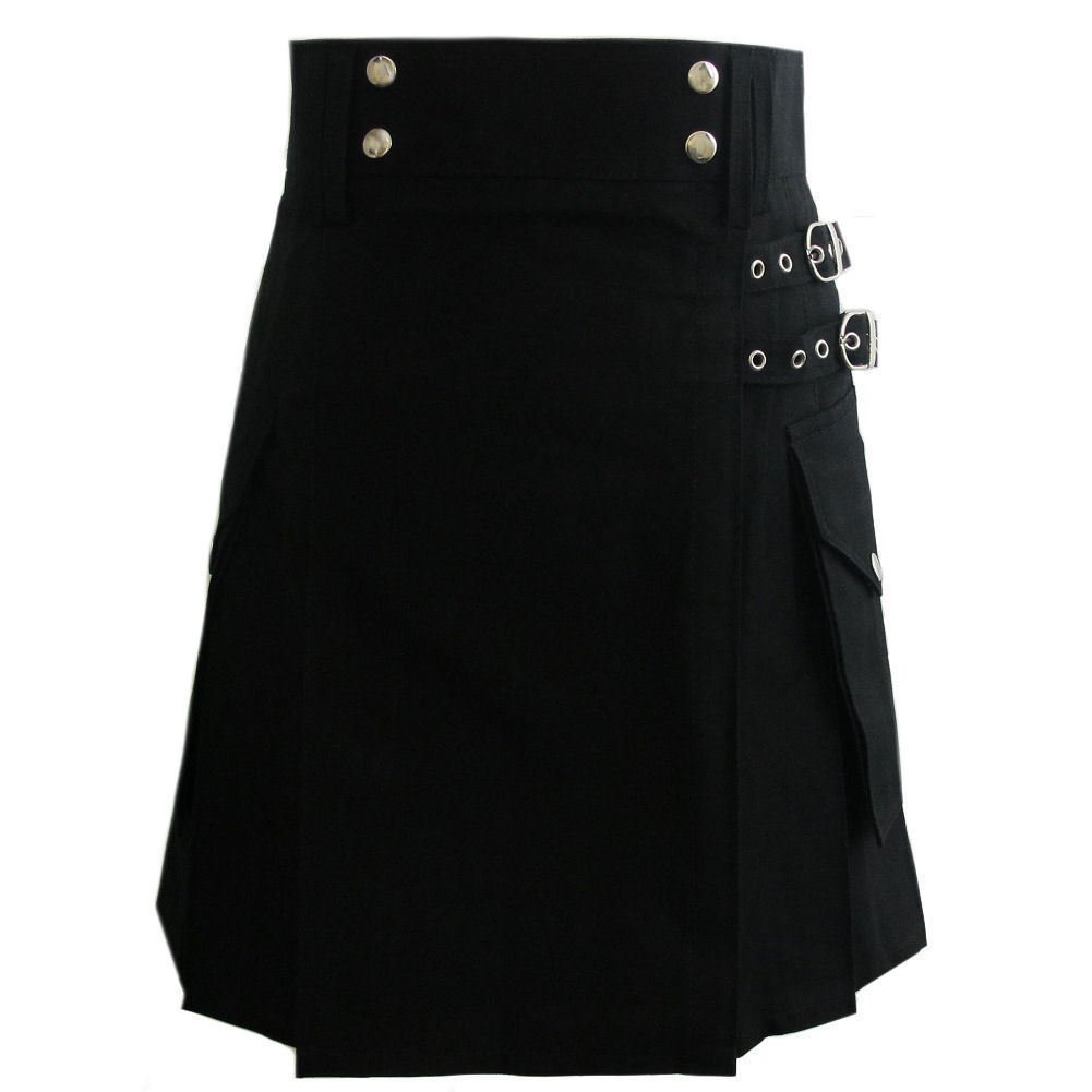 Stylish TAICHI Black Cotton Utility Kilt, Black Handmade Cotton Deluxe kilt For Active Men