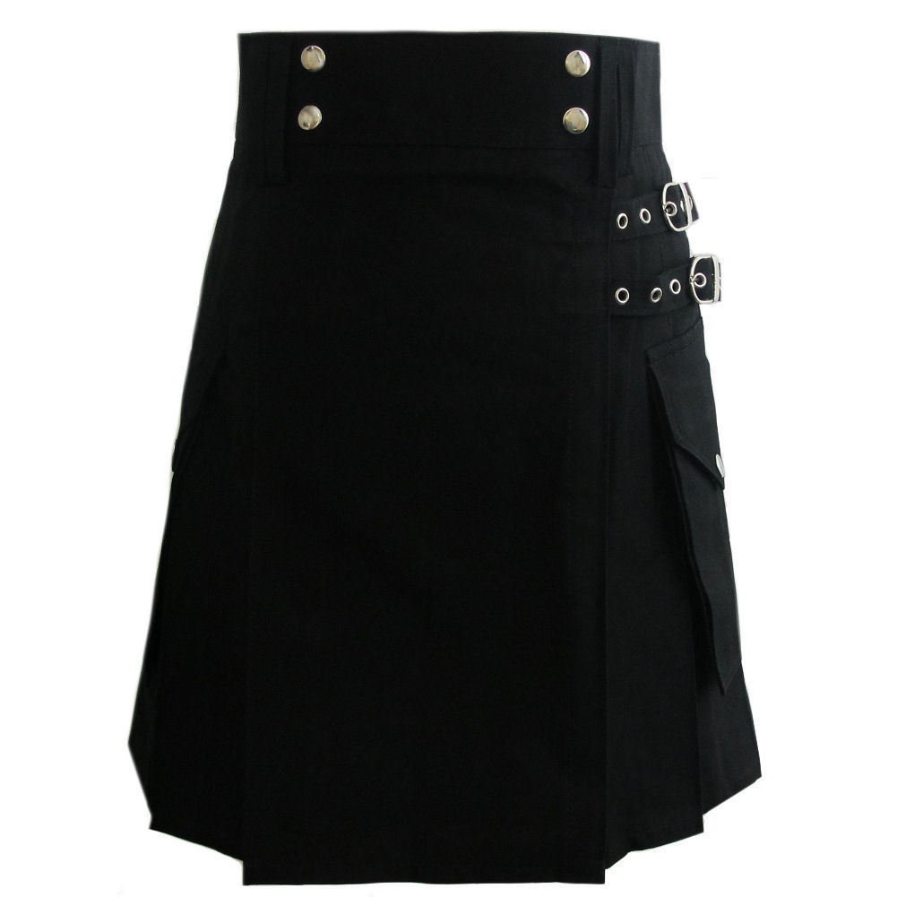 54" Stylish TAICHI Black Cotton Utility Kilt, Black Handmade Cotton Deluxe kilt For Active Men