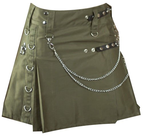 42 Waist Modern Ladies Olive Green Drilled Cotton Fashion Utility Designer Pocket Kilts