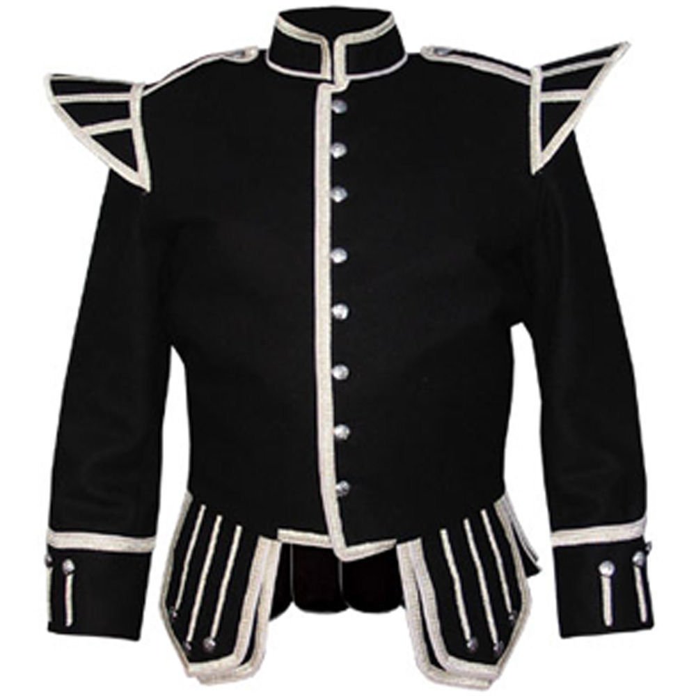 Military Piper Drummer Band Scottish Doublet Jacket Black & Silver
