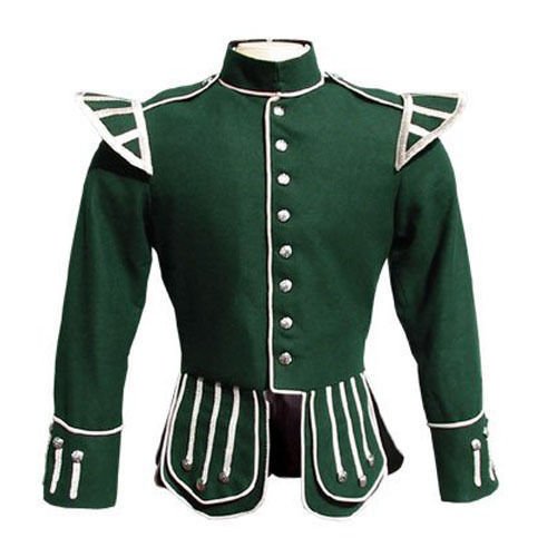 Military Piper Drummer Band Scottish Doublet Jacket Green & Silver