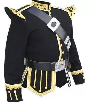 Hand Made Military Piper Drummer Band Scottish Doublet Jacket Black & Silver