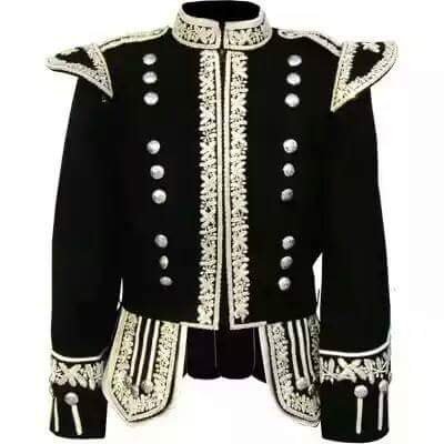 Military Piper Drummer Band Embroidered Wool Doublet Jacket Black & Silver