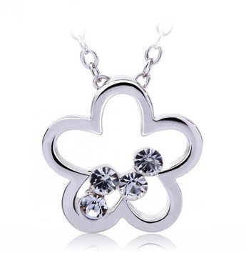 White Gold Plated Necklace with Flower pendant, and crystals.