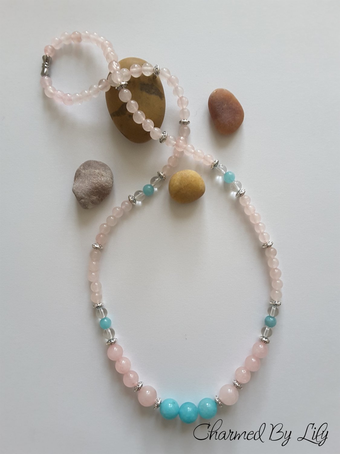 Rose Quartz And Amazonite Necklace. Genuine Rose Quartz, Amazonite and Clear Quartz Stones.