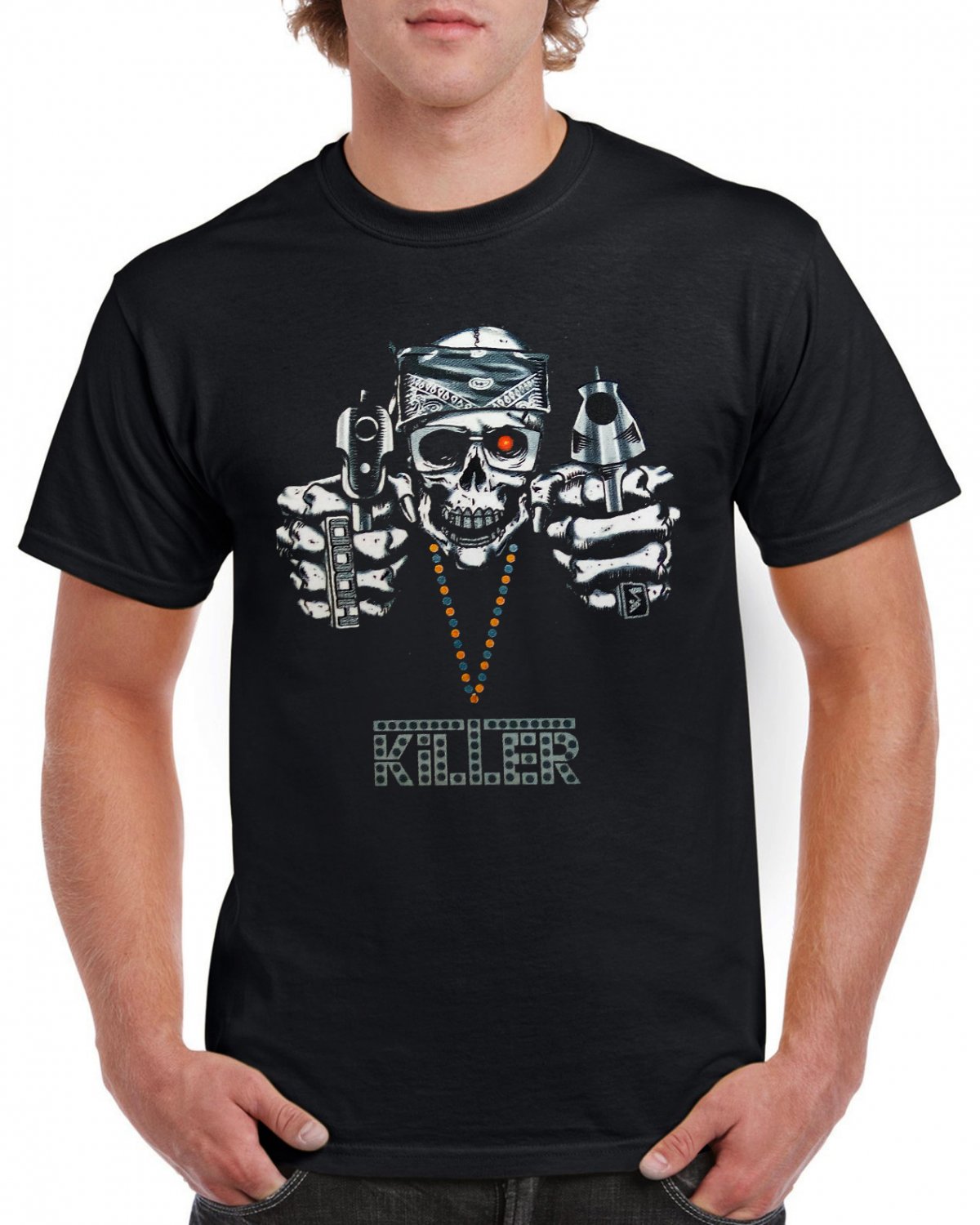 Killer Skull Guns Gothik T-shirt Heavy Metal Cool Tshirt Festival Party Top Tee