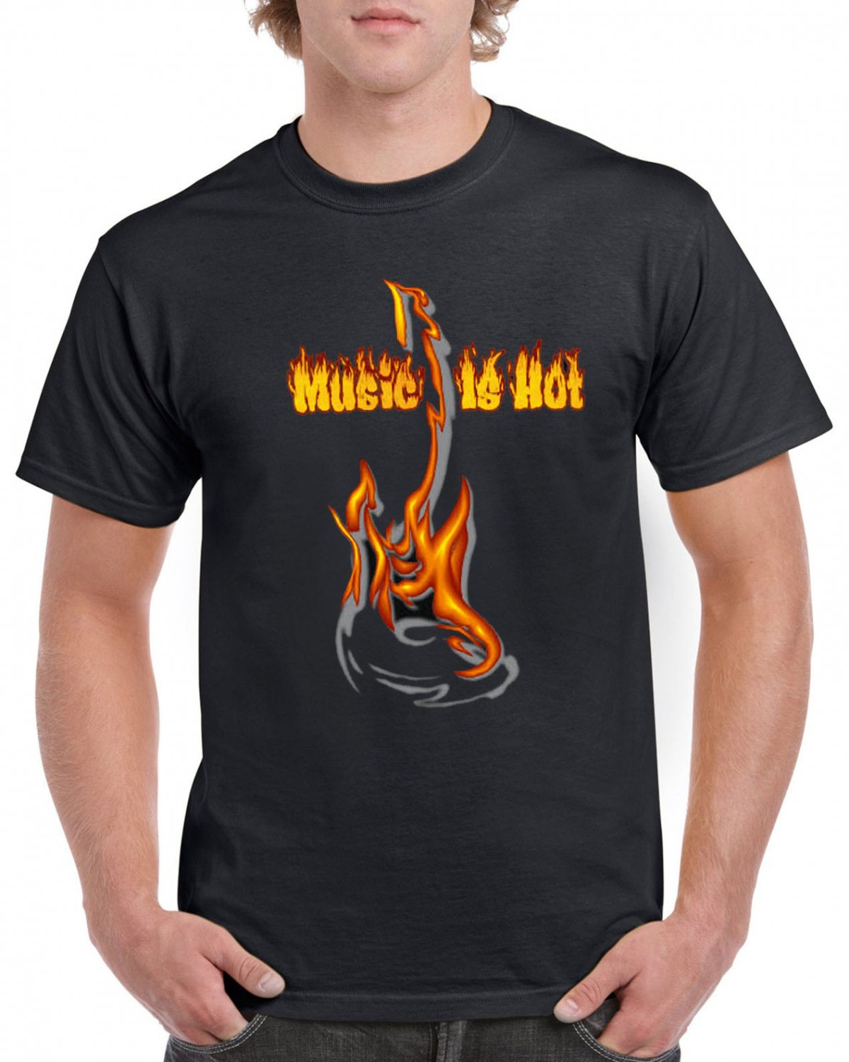 Music Is Hot T-shirt Guitar In Flames Rock Heavy Metal Tshirt Cool Festival Party Top Tee