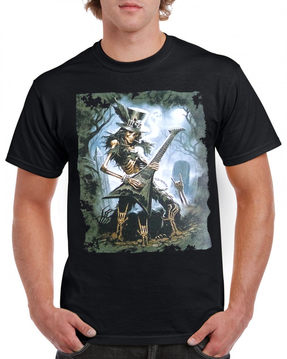 Skeleton Cemetery Guitar T-shirt Heavy Metal Rock Tshirt Cool Festival Top Tee