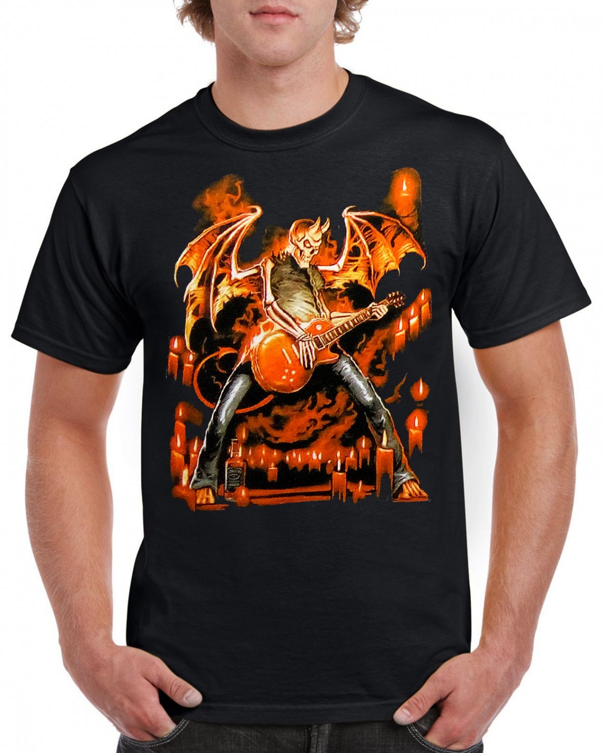 Skeleton Devil Flames Guitar T-shirt Heavy Metal Rock Tshirt Cool Festival Top Tee