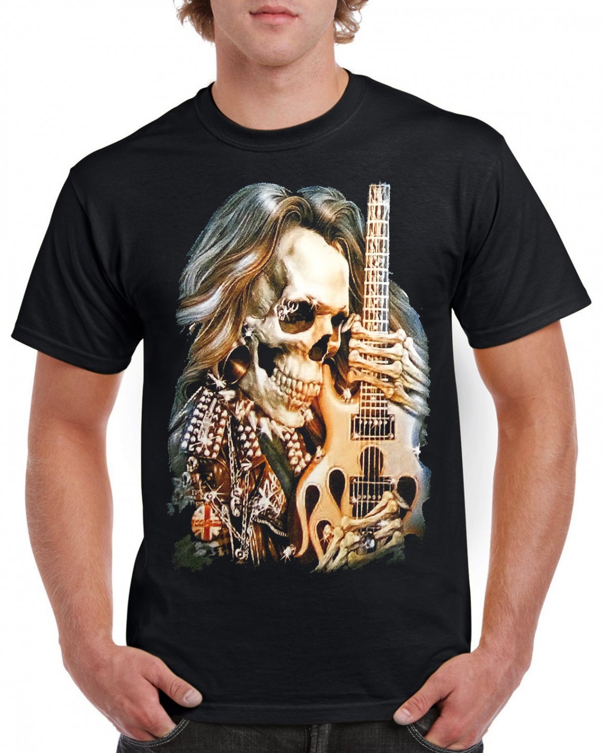 Skeleton Guitar T-shirt Heavy Metal Rock Cool Tshirt Festival Party Top Tee