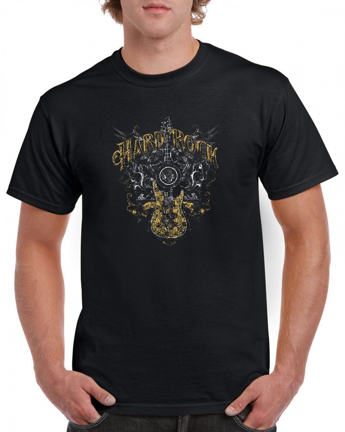 Gold Hard Rock T-shirt Guitar Rock Heavy Metal Tshirt Festival Top Tee