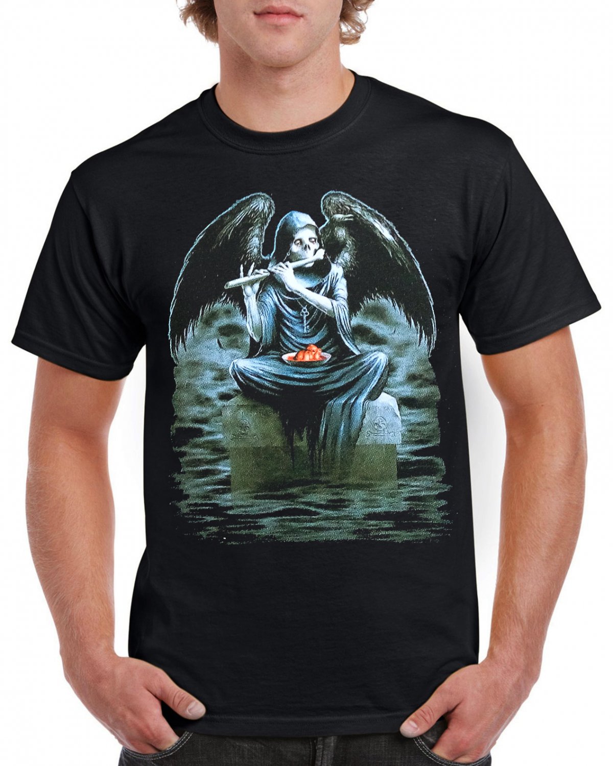 Gothik Angel Guitar Skulls T-shirt Heavy Metal Rock Tshirt Festival Top Tee