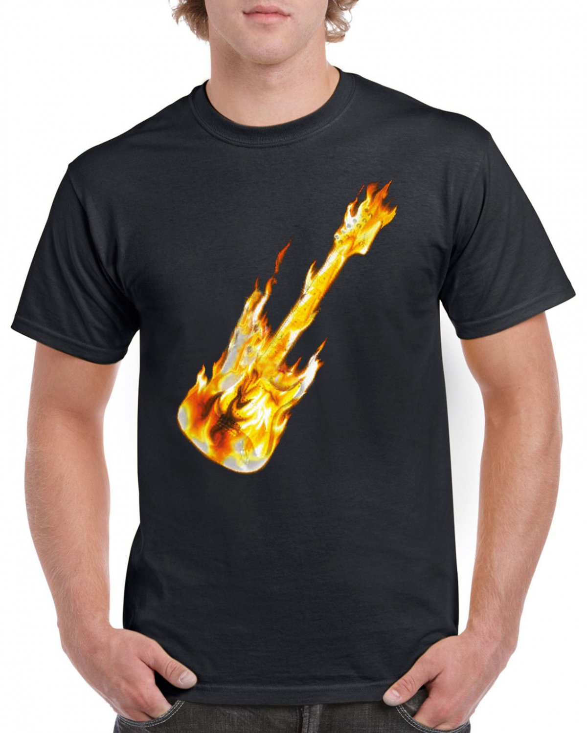 Guitar On Fire T-shirt Rock Heavy Metal Cool Tshirt Festival Top Tee
