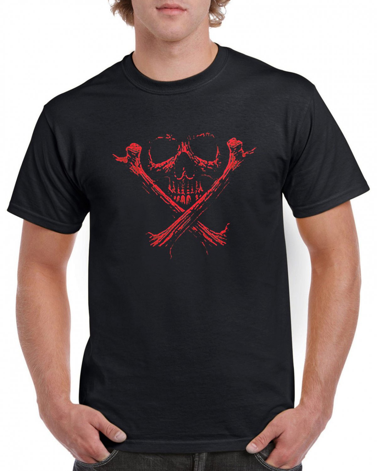 Heavy Metal Red Skull Crossbones T-shirt Cool Tshirt Music Festival Top Tee