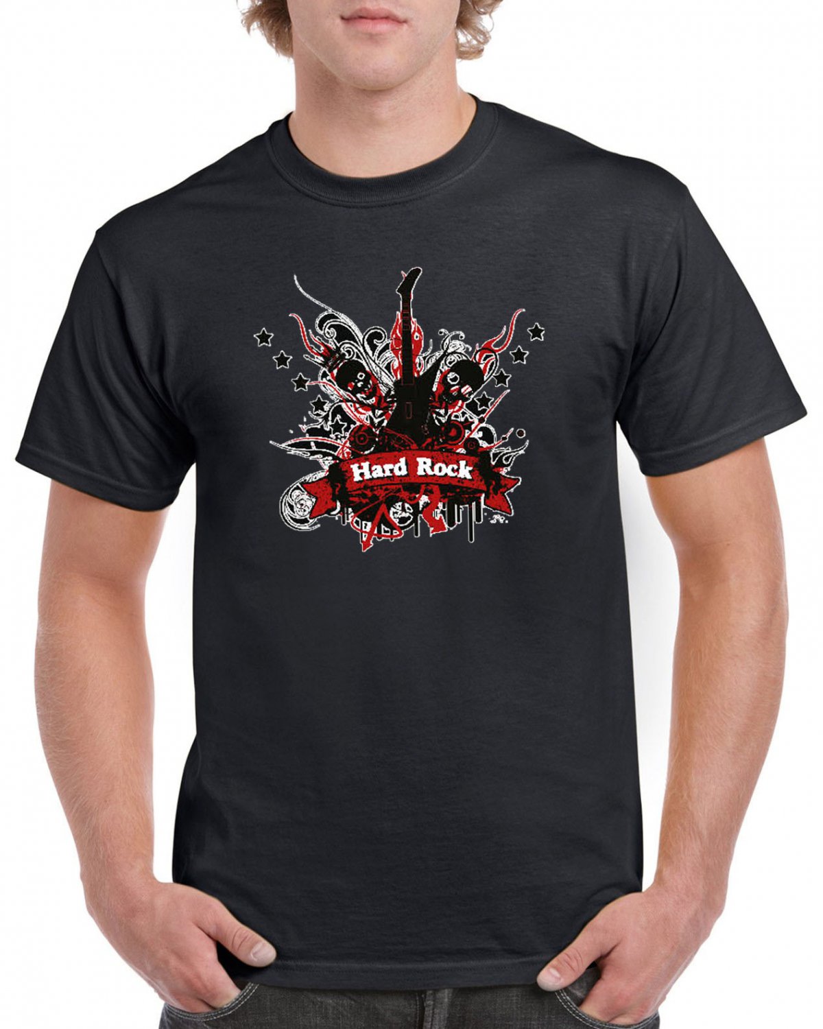 Red Hard Rock T-shirt Guitar Rock Heavy Metal Cool Tshirt Festival Top Tee